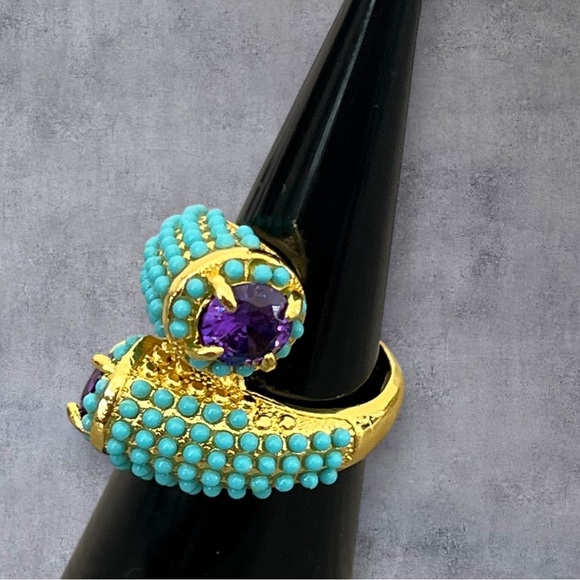 Gold plated twisted Purple CZ and turquoise beads ring various size - Picture 6 of 7